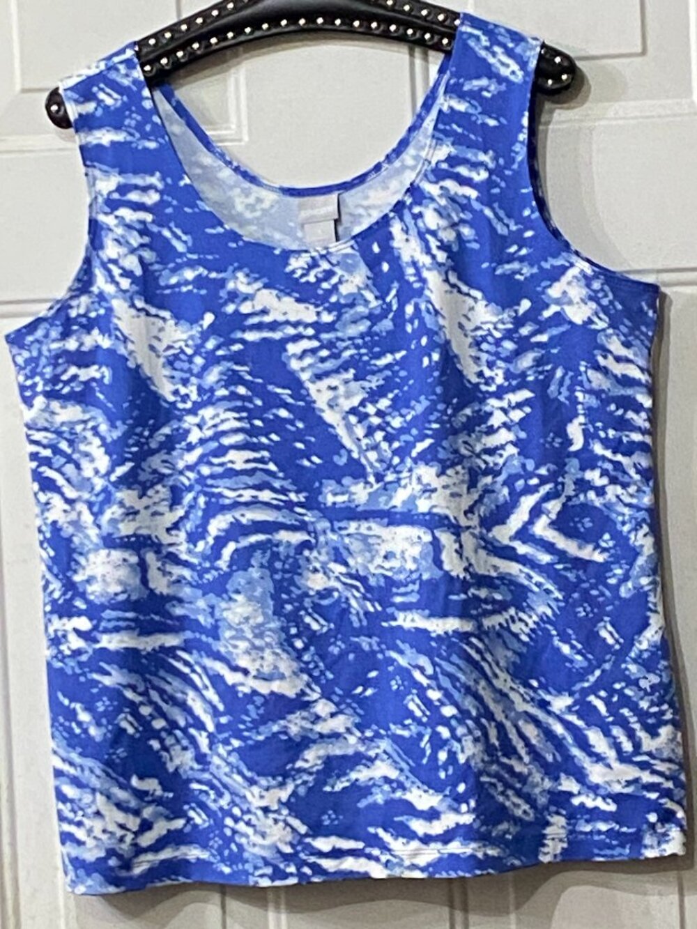 NEW Chico's Knit Top Sleeveless Tank Blue/White Abstract Nylon/Spandex